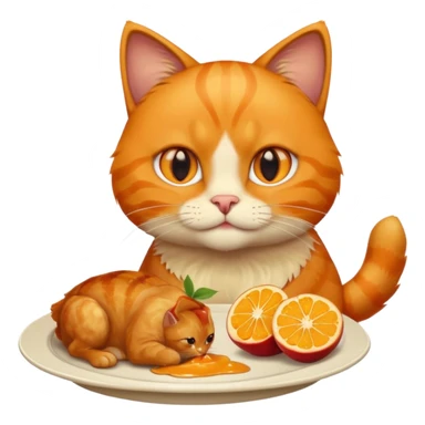 orange cat with orange eyes eating a chicken thigh from a plate, apple emoji style sticker