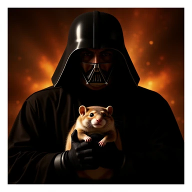 Cinematic still, Extreme Closeup Photo of a darth vader holding big hamster, low key light, explosion startship background with leading lines, back light, spot light sticker