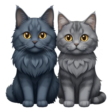 Portrait of a black smoke Maine Coon cat with long grey ear tufts, alongside a British Shorthair cat with a solid blue coat. Both cats with detailed fur textures and playful expressions. Soft, elegant background with warm, natural tones. Transparent background. sticker
