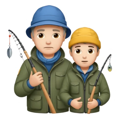 Father and son in fishing gear gesturing that they are cold sticker