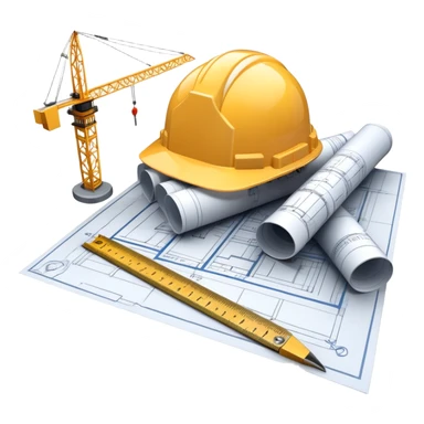An icon featuring blueprints, a compass, and a construction helmet, symbolizing architecture and construction. The design includes building structures, cranes, and a ruler, representing the design and creation of buildings and urban planning. Transparent background. sticker