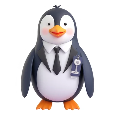a friendly penguin dressed as a Mormon missionary, wearing a white shirt, black tie, and name tag, standing upright, simple background sticker