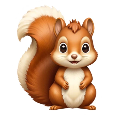 Cinematic Cute Squirrel Portrait Emoji, Head tilted playfully and inquisitively, featuring a fluffy, vibrant auburn Fur with a delicate cream belly and a bushy tail, round, sparkling eyes filled with curious mischief, Simplified yet irresistibly adorable features, highly detailed, glowing with a warm, friendly glow, high shine, affectionate and lively, stylized with a touch of woodland whimsy, bright and endearing, soft glowing outline, capturing the essence of a mischievous yet loving squirrel, so playful it feels like it could leap out of the screen and into your arms! sticker