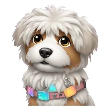 Fluffy dog with tattoos and holographic harness sticker