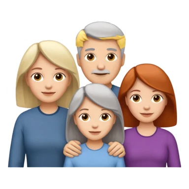 Family emoji showing a family of five. Father has grey hair, mother has mixed grey/brown hair, three daughters with blonde, brunette and redhead hair colors. sticker
