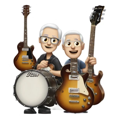 Three older white musicians jamming. one on a Gibson guitar, one on a Fender bass and one on drums sticker