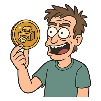 shiny coin with a miniature money printer illustration in the center, cartoon style sticker