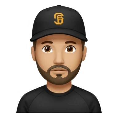 Hombre con la cara blureada, con barba fina y perilla, gorra negra de baseball bordada con un 08, y sudadera negra sticker