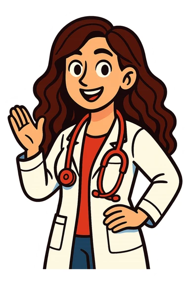 white-skinned female doctor with long wavy brown hair, wearing a white coat, red shirt underneath, red stethoscope around neck, vibrant cartoon style sticker