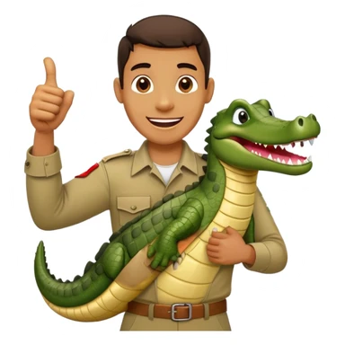 Cinematic Realistic Steve Irwin Portrait Emoji, in his signature khaki attire, holding a crocodile or giving an excited thumbs-up. The scene is lit with vibrant, natural sunlight, emphasizing his adventurous spirit and deep connection to nature. sticker