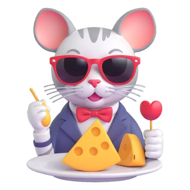 cool cat with sunglasses eating a mouse, 3D emoji style sticker