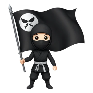 A ninja with black clothes holding a black flag with a white circle in the middle of the flag sticker