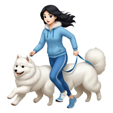 A beautiful girl with long black hair is running and walking a Samoyed sticker