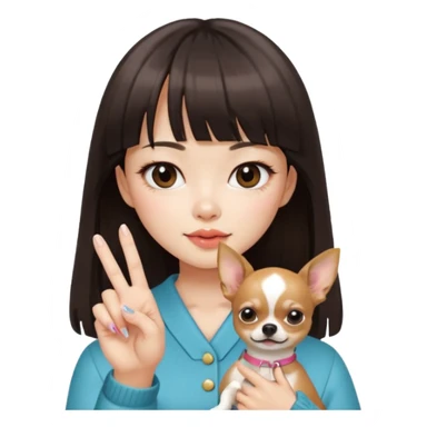 a pretty Asian girl, with hair bangs, pale skin, with manicure holding a chihuahua in her, showing her middle finger sticker