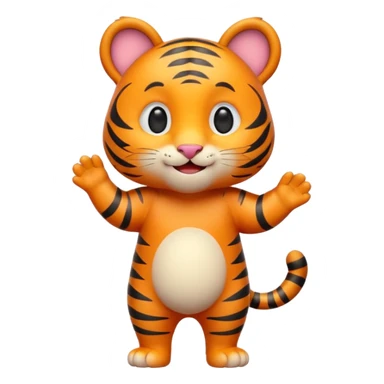 Cute tiger emoji, full body, standing pose, smiling face, big round eyes, orange fur with black stripes, chubby and adorable, short legs, small ears, 3D emoji style, smooth shading, bright colors, simple clean design, transparent background sticker