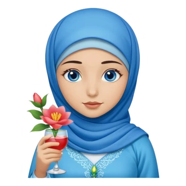 Turkish beautiful finish Konya girl blue eyes with blue hijab islamic dress and had on her hand flower mocktail sticker