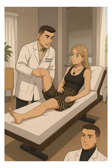 fai un webtoon/manga a colori con questo kinesiologo in camice bianco (fagli la scritta "ANTONIO ANANIA" SUL CAMICE) CHE SVOLGE UN TEST NEUROMUSCOLARE SOLLEVANDO UNA GAMBA ALLA RAGAZZA CHE è STESA SU UN LETTINO BIANCO. STANZA SEMPLICE E MODERNA, DURANTE IL TEST I DUE DIALOGANO TRA LORO. NON FARE I FUMETTI, FAI SOLO LORO COME SE DIALOGASSERO sticker