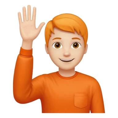 say hi with arm and hand. clothes with orange sticker