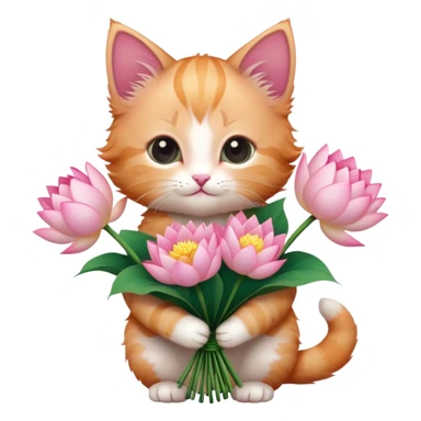 Kitten holding a bouquet of lotus flowers sticker