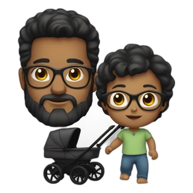 White man with Black hair,  beard and glasses pushing buggy with blonde baby sticker