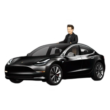 small Nikola Tesla and Elon Musk riding an all black Tesla Model 3, smilling, side view sticker