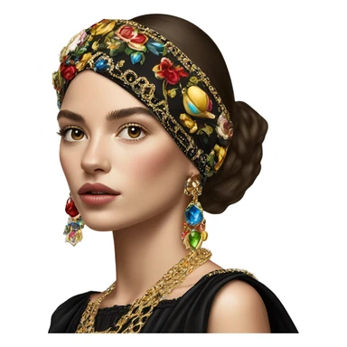 Dolce and Gabbana Italian model in dark dress and headband with colourful ornament and golden detais  sticker