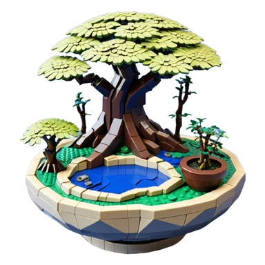 Alien Lego saucer jungle-vines mountain-island landscape antique mudman very old broken cracked intricate Stone Age rocky-crusted irregular dodecagon-shaped shallow dark moss rough bark blue willow flowered maple tree bonsai pot sticker