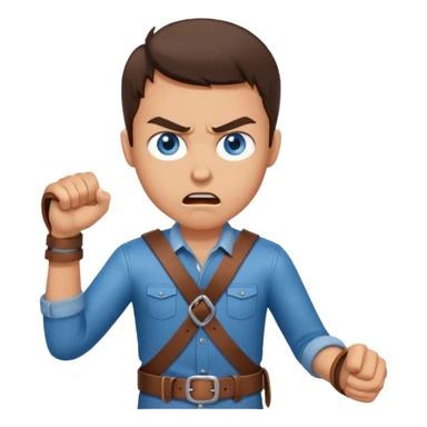 A brunette man with blue eyes, holding a belt in his hand and his expressions look angry sticker