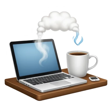 Open laptop on a desk next to a single steaming coffee mug sticker