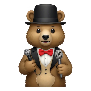 an animatronic grizzly bear with a small black tophat with red stripe and black bow tie holding a microphone. sticker