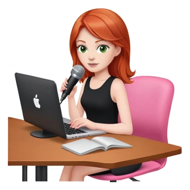 Redhead with green eyes sat at desk with pink MacBook and  podcast microphone black top and pink chair  sticker
