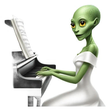 a Reptilian alien woman, play a piano, in white elegant dress sticker