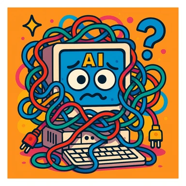 a computer with a confused face, wires tangled, representing an artificial intelligence epic fail, vibrant cartoon style sticker