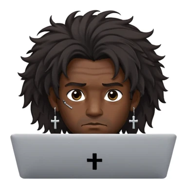 згенеруй емодзі хлопця середнього віку чорне волося  середньої довжини але розтріпане, в якого пірсінг "правої брови" та сережка на лівому вусі хрест, і сидить він за ноутбуком асус  і зроби щоб це було фронтально sticker