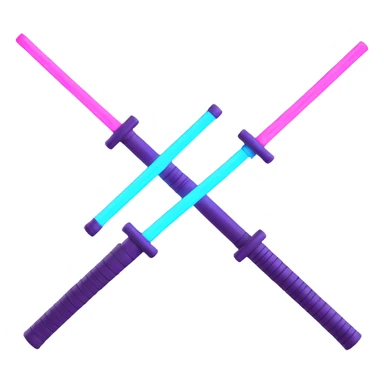 a pair of crossed lightsabers, one glowing pink purple and the other neon blue, vibrant and dynamic, realistic emoji style sticker