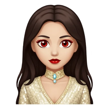 Bloody Mary with light skin, long dark brown hair, red eye, ivory sequin outfit sticker