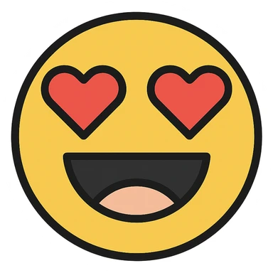 goofy smiley face with heart eyes, modern icon style, clean and minimalistic, bold lines, simple shapes, colorful sticker