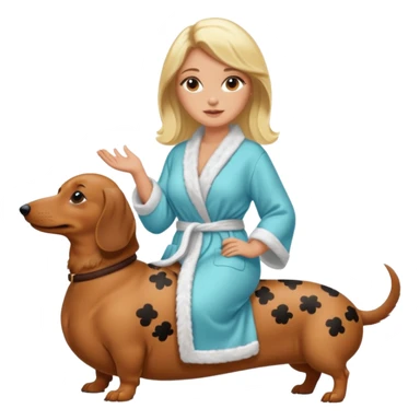 A blonde curvy woman riding on top of a dachshund wearing a robe sticker
