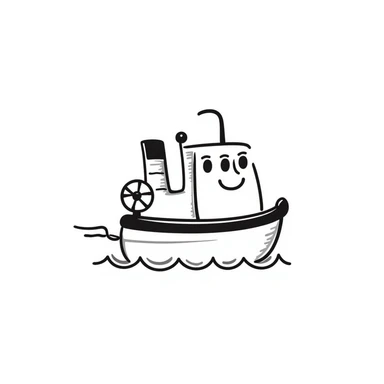 A hand-drawn toy paddleboat with a grinning face and little spinning wheels sticker