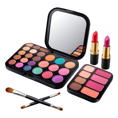 A photorealistic icon featuring makeup brushes, lipstick, eyeshadow palette, and a compact mirror with a completed makeup look. Bright, detailed design with realistic textures and lighting. Transparent background, clearly symbolizing makeup and beauty. sticker