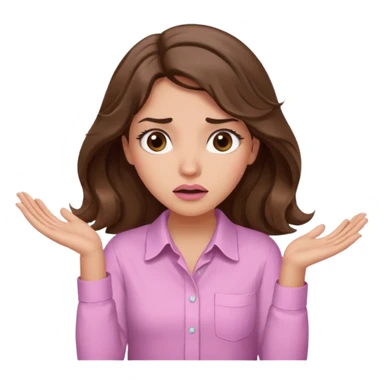 girl with wavy long brown hair, brown eyes, light to medium complexion, long lashes, light pink lipstick, wearing light pink shirt, shrugging with both hands, confused sticker