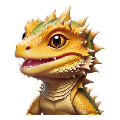 Cinematic Cute Bearded Dragon Portrait Emoji, Head tilted playfully and inquisitively, featuring a glossy, scaled hide in warm olive hues with an adorably scrunched spiky beard and round, sparkling eyes full of curious mischief, Simplified yet irresistibly adorable features, highly detailed, glowing with a warm, friendly glow, high shine, affectionate and lively, stylized with a touch of rugged whimsy, bright and endearing, soft glowing outline, capturing the essence of a mischievous yet loving dragon, so playful it feels like it could scamper out of the screen into your arms! sticker