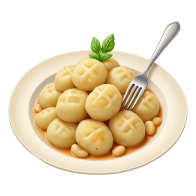 Gnocchi Cinematic Realistic Gnocchi Dish Emoji, depicted as tender potato dumplings garnished with iconic fork marks on top, rendered with soft textures and warm, inviting lighting. sticker