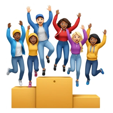 winners’ podium with multi-racial people, middle step higher, no numbers, fun colorful clothes like jeans t-shirts and hoodies, one person jumping, excited fun expressive emoji style sticker