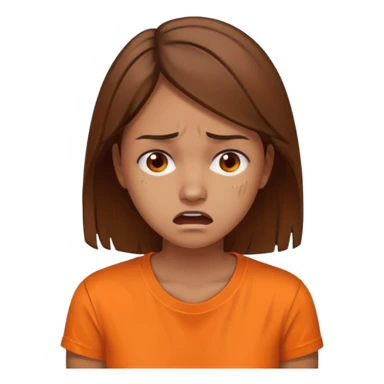 25 year old woman in orange shirt, she looks like she is in pain. She has brown hair sticker
