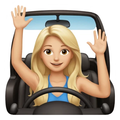 blonde long hairwoman driving car. one hand up Happy face confidence sticker
