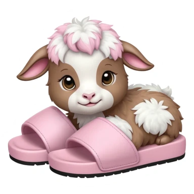 a baby goat emoji wearing pastel pink chunky slides sticker