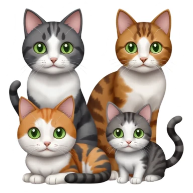 4 different coloured small cats including a dark grey and white, and a patchy calico, and a brown tabby and white,  and a completely solid dark grey with green eyes and only white paws sticker