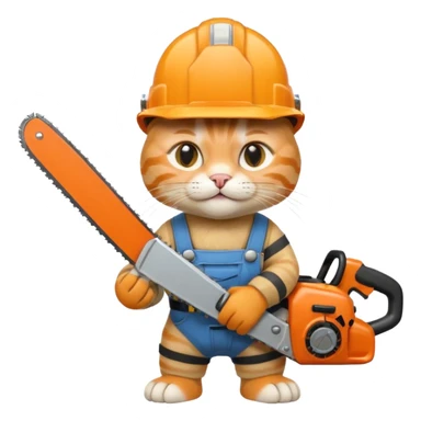 a cat in a construction helmet holds a chainsaw in his hands sticker