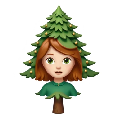 Style memoji iphone. Un petit sapin vert sylvestre, féminin, regard malicieux, tâches de rousseurs délicates, joues roses. Yeux de biche brillants en forme amande, yeux couleur ambre, tronc couleur acajou. Sapin en mouvement, incurvé pour un effet vivant. sticker
